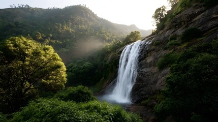 Majestic waterfall cascading down a rocky mountain slope surrounded by lush green forest during golden hour with mist rising