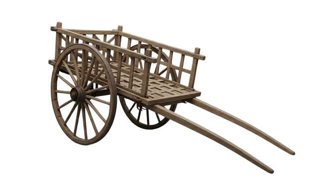 Traditional wooden two wheeled cart isolated on white background