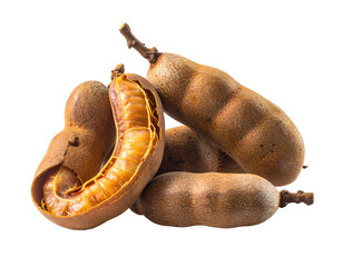 Brown tamarind pods, one opened revealing sweet pulp