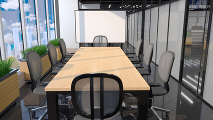 Contemporary meeting room interior with meeting table, office chairs, presentation board, glass walls and city view through the windows. 3d illustration