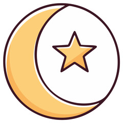 Obraz premium Stylized Yellow Crescent Moon and Star Icon with Dark Outline