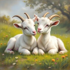 Obraz premium Whimsical portrait of two adorable white goats resting peacefully among vibrant wildflowers in a serene meadow, exuding pure tranquility and friendship