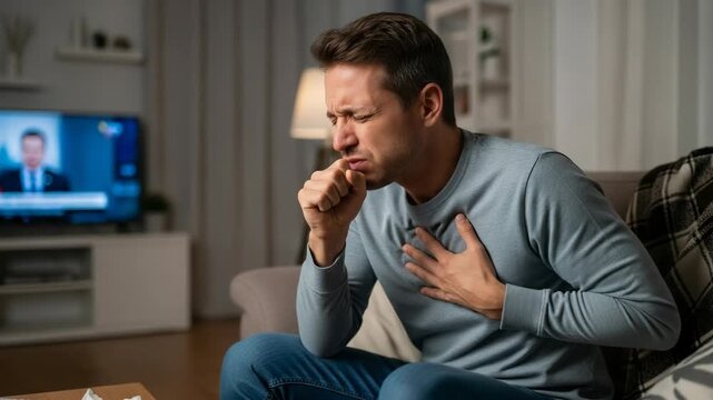 A male adult caucasian man experiences a painful cough at home. He clutches his chest in discomfort, showing symptoms of respiratory illness. A crumpled tissue rests on the table