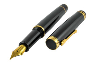 Elegant black and gold fountain pen with cap removed