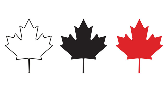 Three maple leaf icons representing different styles including outline, black, and red fill
