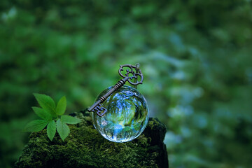magic crystal ball with key on stump in forest, abstract nature background. Fortune teller crystal ball for meditation, relax. esoteric spiritual practice. Witchcraft, ritual for summoning spirits