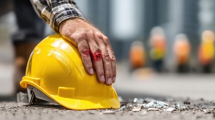 Construction worker's injured hand rests on a yellow hardhat on the ground, emphasizing the importance of safety in the workplace.