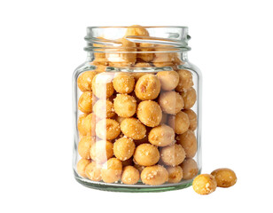 Glass jar filled with small, salted, roasted peanuts
