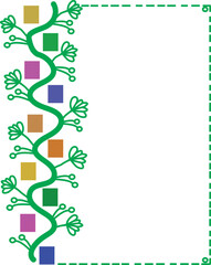 Vertical Floral Border Design with Green Vine and Colorful Geometric Square Accents on White Background