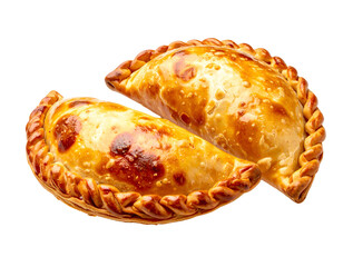 Golden-brown baked pastries with crimped edges against a dark background