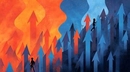 Two contrasting paths of upward growth with silhouettes of people.