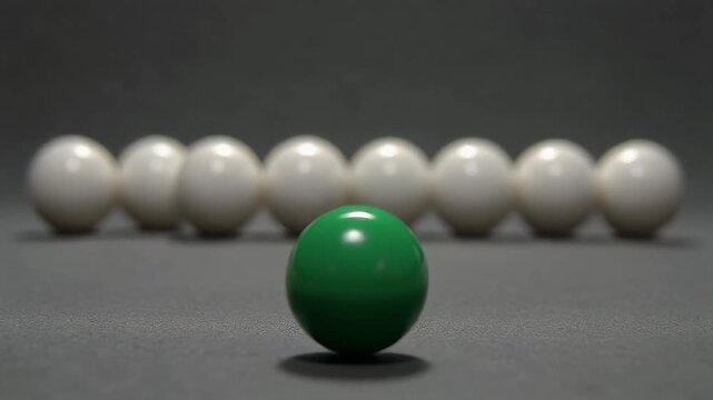 Green Ball Leads A Row Of White Balls In A Dramatic Studio Shot