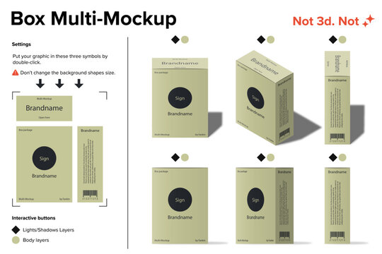 Cardboard boxes mockups. All views are configured simultaneously. Front, side, top and isometric view. Vector illustration isolated on white background. Use it for food, medicine, cosmetic etc.