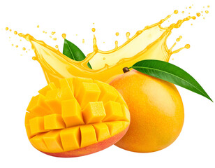 Juicy mango halves with a splash of vibrant liquid