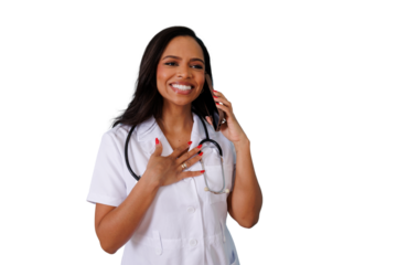 Female doctor or nurse communicating on smartphone, standing with a smiling expression, providing telehealth service