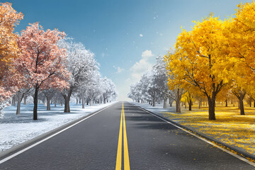 Winter and autumn trees line the road in a split seasonal landscape during daylight