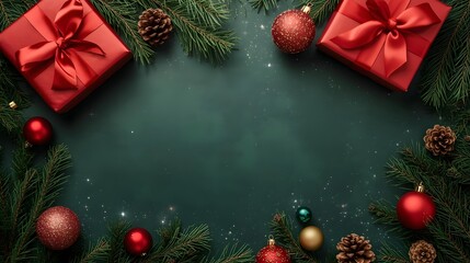 Christmas gifts in red wrapping with pine branches and ornaments in festive holiday decor on dark green background with warm lighting for greeting card