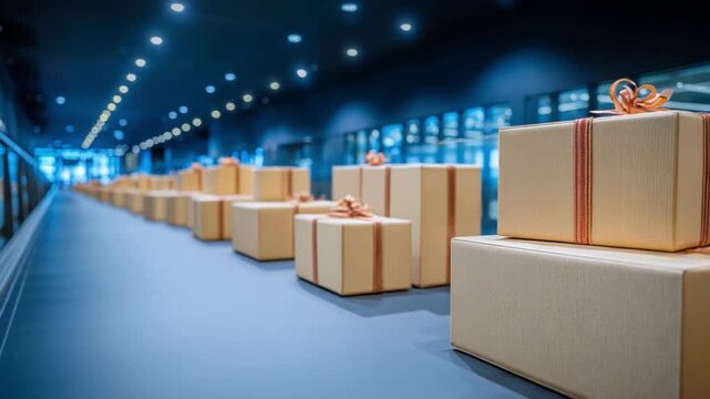 Boxes of anticipation: A beautifully lit scene captures an array of neatly stacked gift boxes. Each one promises surprise and joy for an upcoming celebration.
