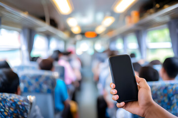 People sitting on a bus while a person holds a smartphone to take a picture during a journey