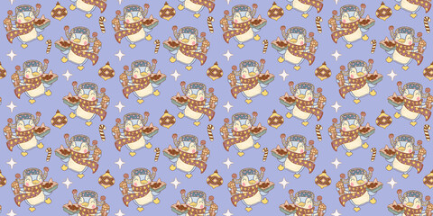 A blue cartoon children's pattern featuring a penguin wearing an earflap hat and scarf. Sweets and funny animals print for textiles and seasonal festival wrapping paper.