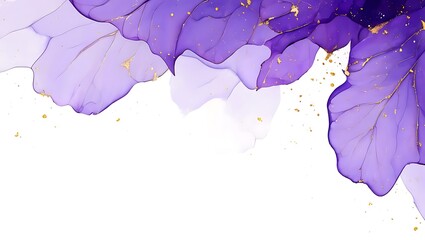 Purple and gold abstract art design with wavy leaf shapes on white background