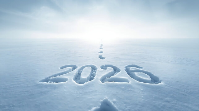 Snow-covered path leading into a bright winter horizon. The year 2026 subtly pressed into fresh snow. Concept of fresh start and future direction.