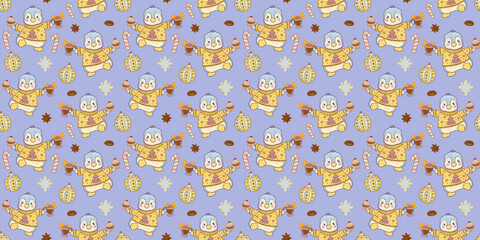 A blue cartoon children's pattern featuring a penguin wearing a knitted Christmas sweater. Sweets and funny animals print for textiles and seasonal festival wrapping paper.