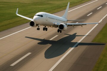 Obraz premium White commercial airplane lifting off from a runway, wheels down, casting a long shadow on the ground