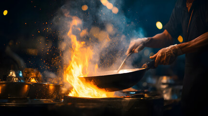 Chef cooks over an open flame in a busy outdoor kitchen at night during a food festival
