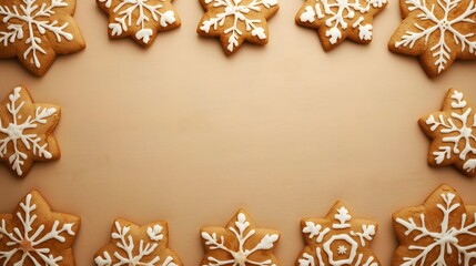 Fototapeta premium Gingerbread cookies with white icing in festive holiday border on brown background with soft lighting for Christmas greeting card