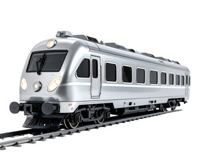 Sleek silver passenger train on tracks, modern design