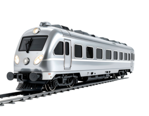 Sleek silver passenger train on tracks, modern design