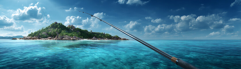 Fototapeta premium A slender fishing rod pointed toward a distant tropical island