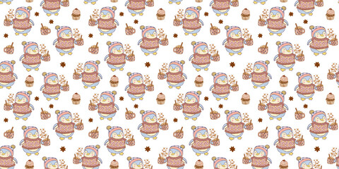 A seasonal winter pattern with cartoon animals. A penguin in a sweater holding a cup of hot Christmas drink. White festive wallpaper.