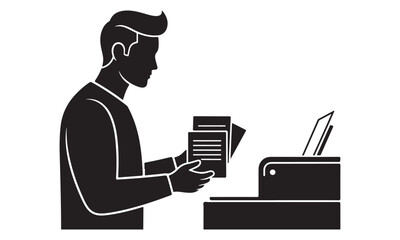 Man printing documents at office desk with printer