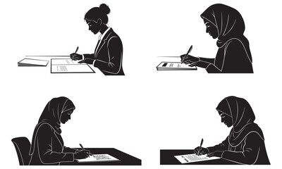 Diverse women in business and education settings writing and working diligently