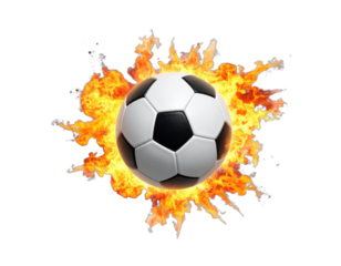A soccer ball engulfed in vibrant orange and yellow flames, isolated on a stark black background