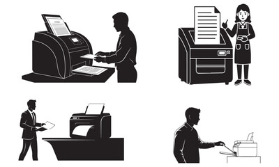 Office workers using various printers and copiers efficiently