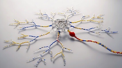 Colorful neuron model with transparent cell body and colored dendrites on white background