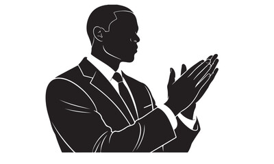 Professional businessman in suit presenting with confident gesture