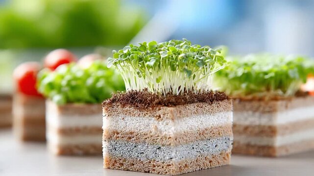 Edible Landscape: a conceptual food display features sandwich-based 'soil' supporting fresh microgreens, presenting an innovative fusion of cuisine and nature. 
