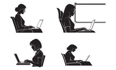 Silhouettes of women working on laptops in modern office settings