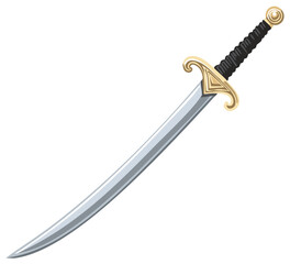 Elegant curved sword with golden ornate hilt and black grip vector illustration