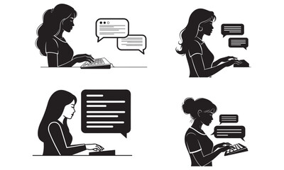 Silhouettes of women working on laptops with chat bubbles