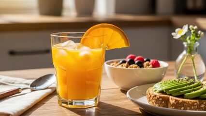 Fresh glass of orange juice with ice and slice on wooden table. Healthy breakfast background with granola and avocado toast. Morning sunlight concept