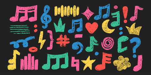 Crayon doodle hand drawn music elements. Chalk music symbols with crayon pencil texture. Doodle music note wave