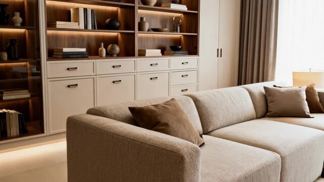 Medium shot of living room custom cabinetry with open shelves and concealed compartments blending style with organized storage