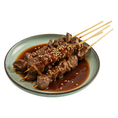 Beef Yakitori with Sesame Seeds on Plate with Transparent Background