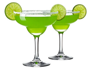 Two bright green cocktails with salted rims and lime wedges