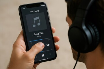 Person's hand interacting with a smartphone music player interface while wearing headphones, enjoying audio content